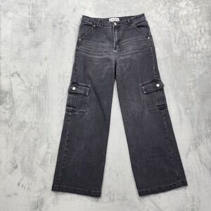 S.O.N.G. Jeans Womens 9/29 Black Faded High Rise Wide Leg Cargo Stretch Denim